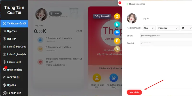 Hội viên RR88 điền ngày tháng năm sinh và bấm xác nhận 